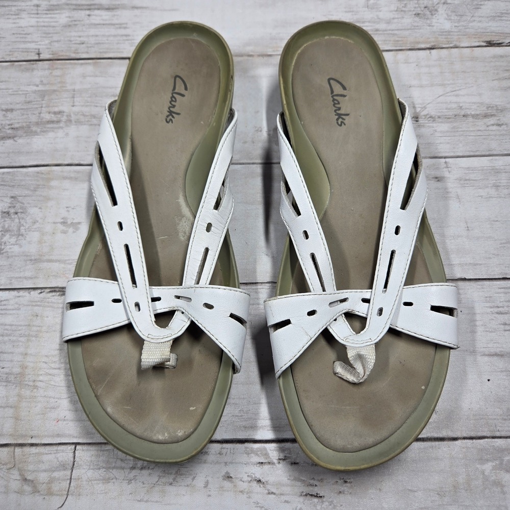 Clarks 80352 Thong Sandals Wedge Slide Women 10M White Leather Cutout
